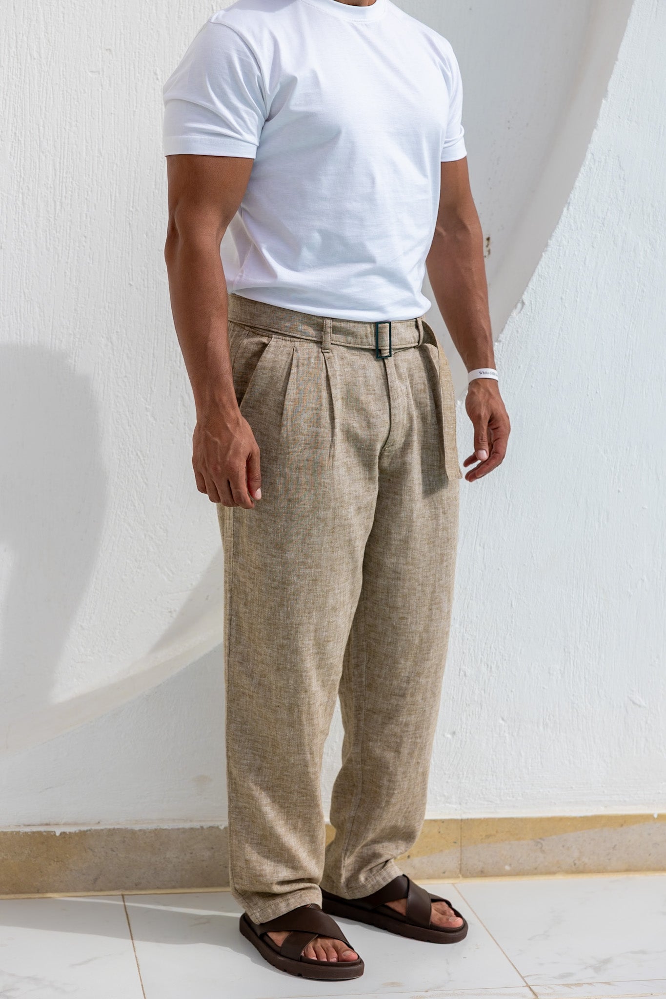 Wide Leg Basic Linen Pant With Belt/3224