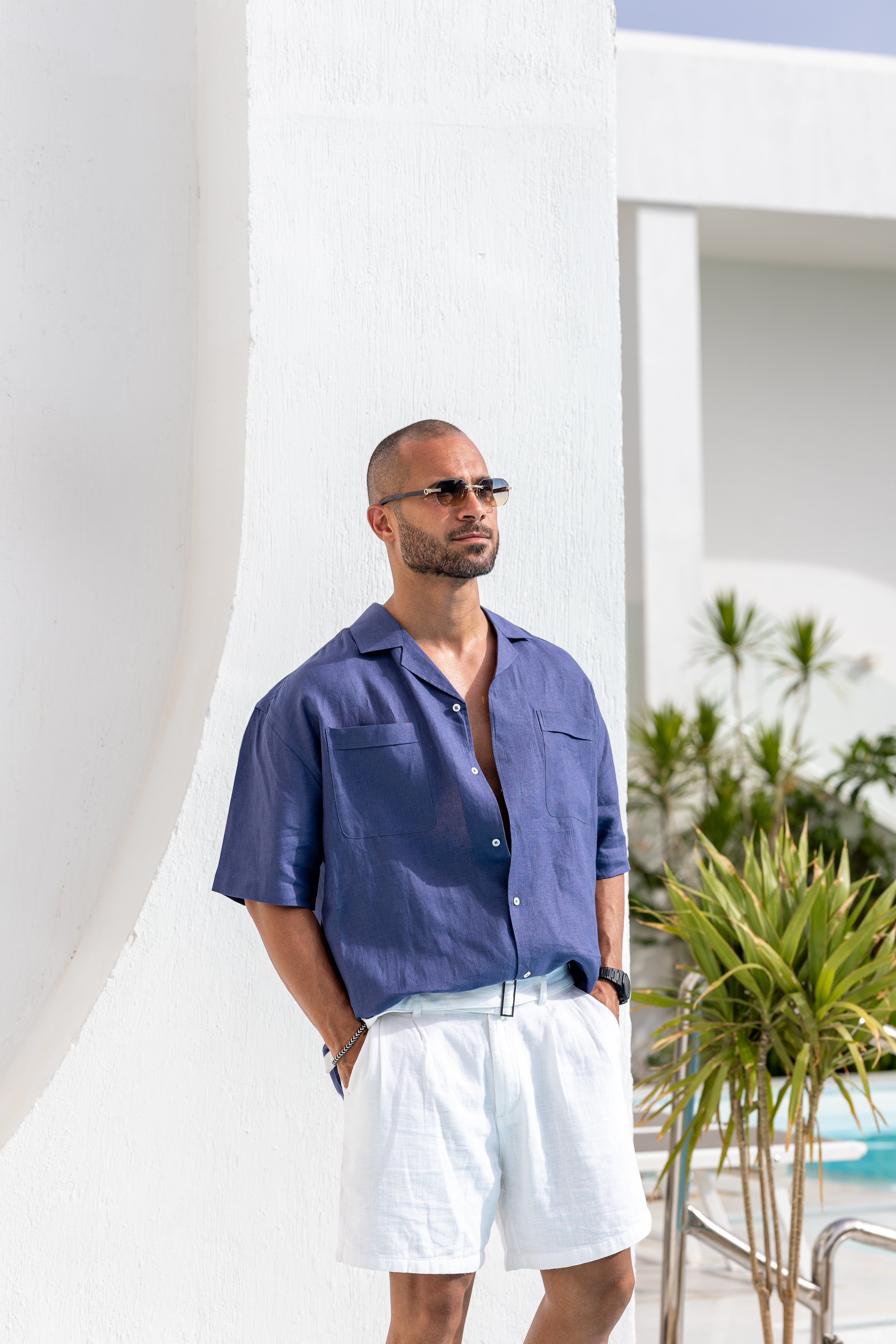 Basic Oversize Linen Shirt Short Sleeves With Two Pocket/2322
