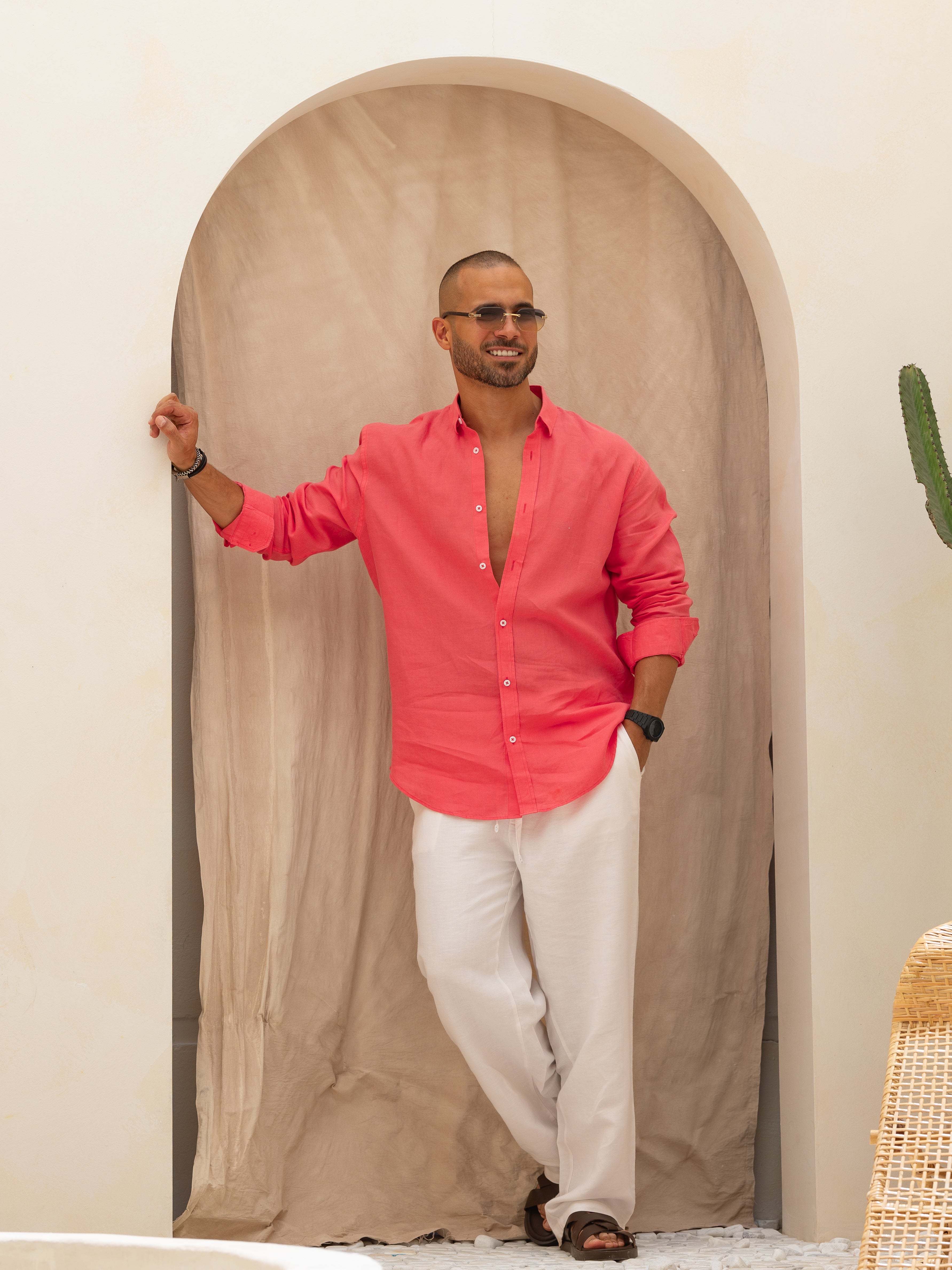 Basic Vivid Pink Relaxed Fit Linen Shirt\2319