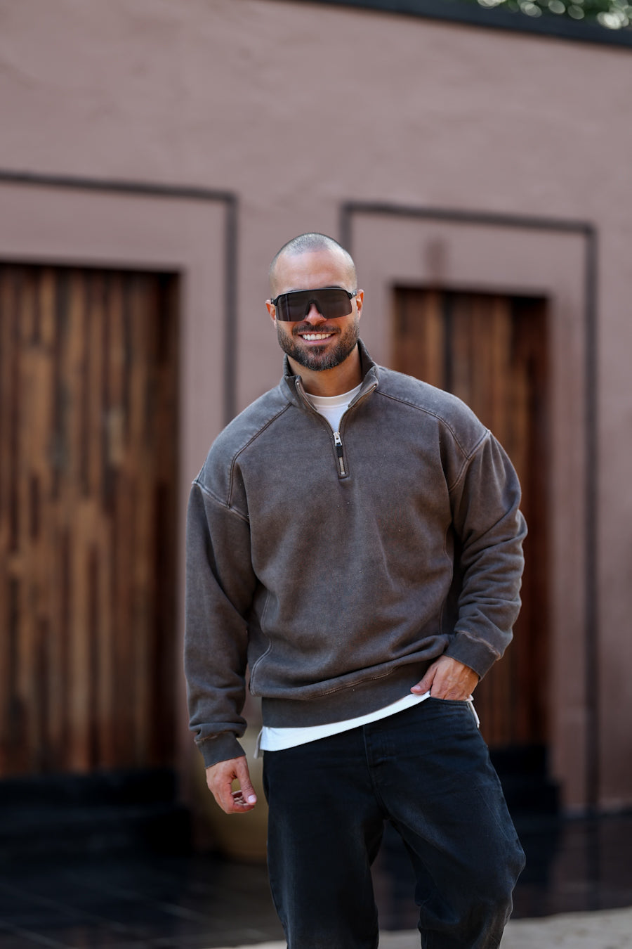 Basic Acid Washed Oversiz Sweatshirt With Half Zipper/4563