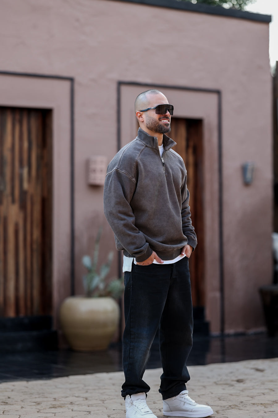 Basic Acid Washed Oversiz Sweatshirt With Half Zipper/4563