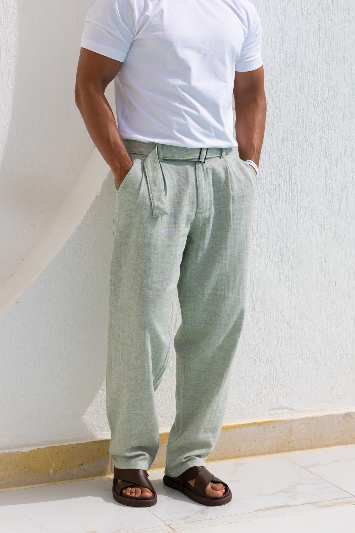 Wide Leg Basic Linen Pant With Belt/3224