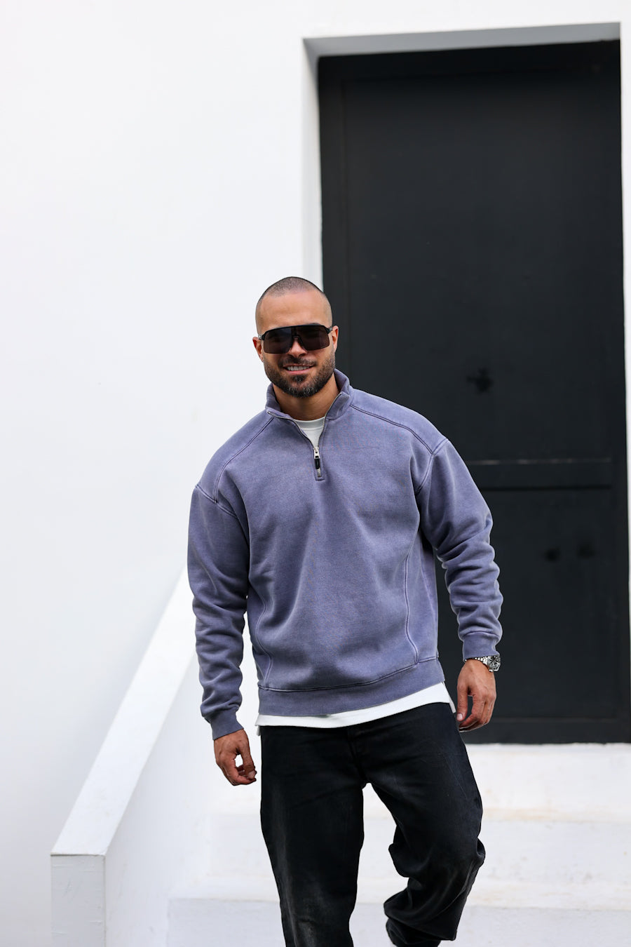 Basic Acid Washed Oversiz Sweatshirt With Half Zipper/4563