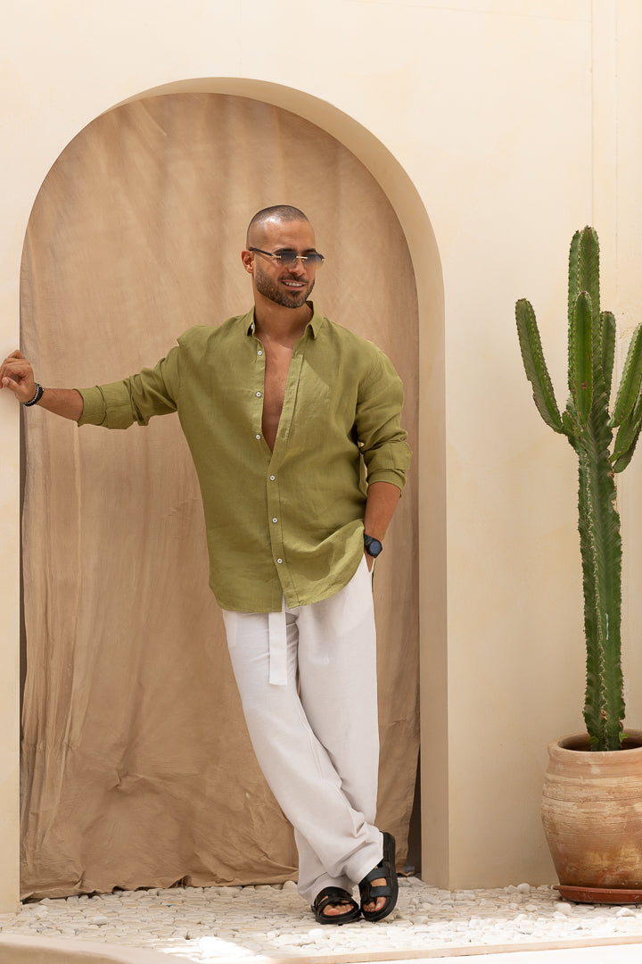 Relaxed Fit Basic Linen Shirt With Long Sleeves/2319
