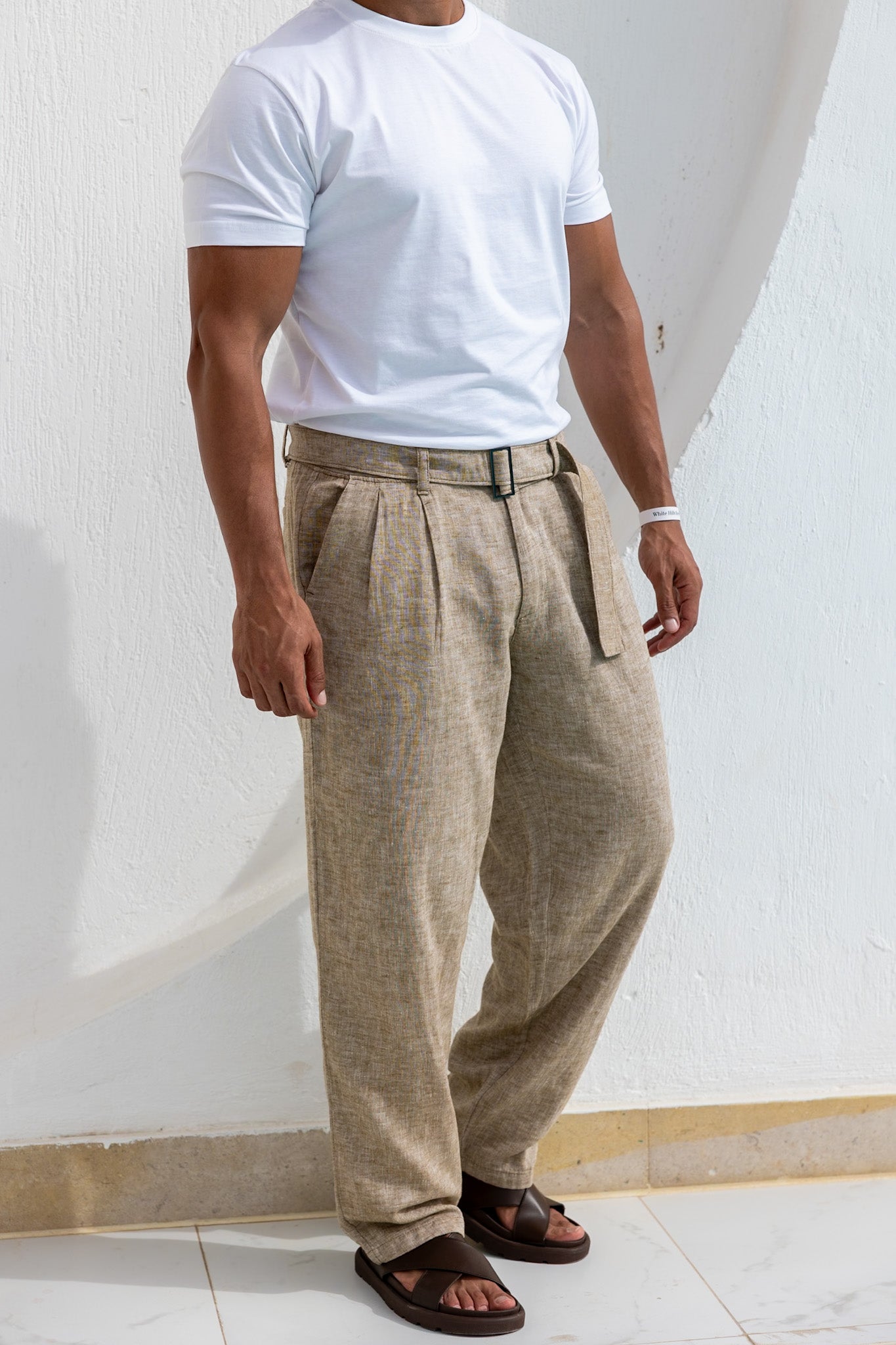 Wide Leg Basic Linen Pant With Belt/3224