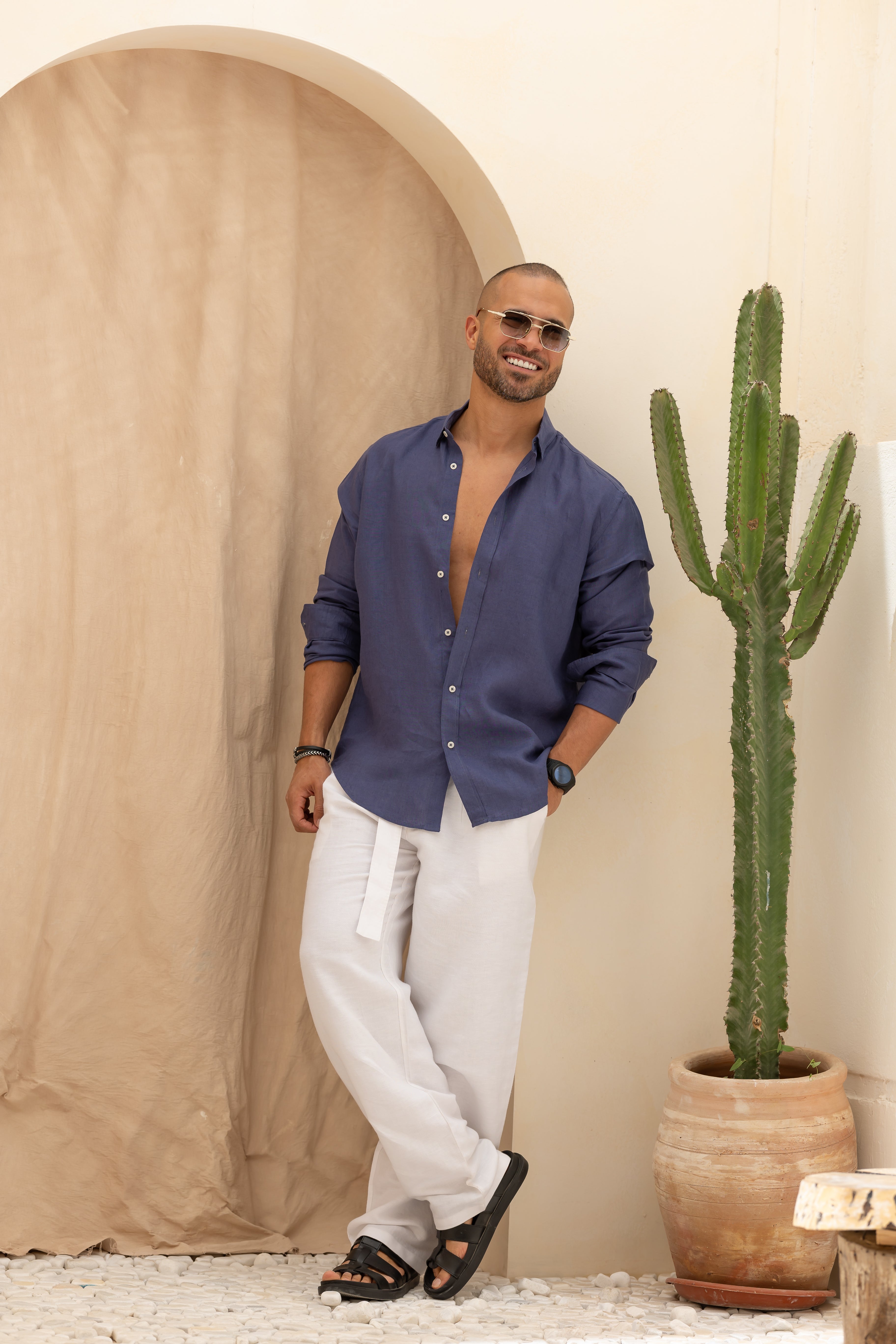 Basic Relaxed Fit Linen Shirt With Long Sleeves/2318