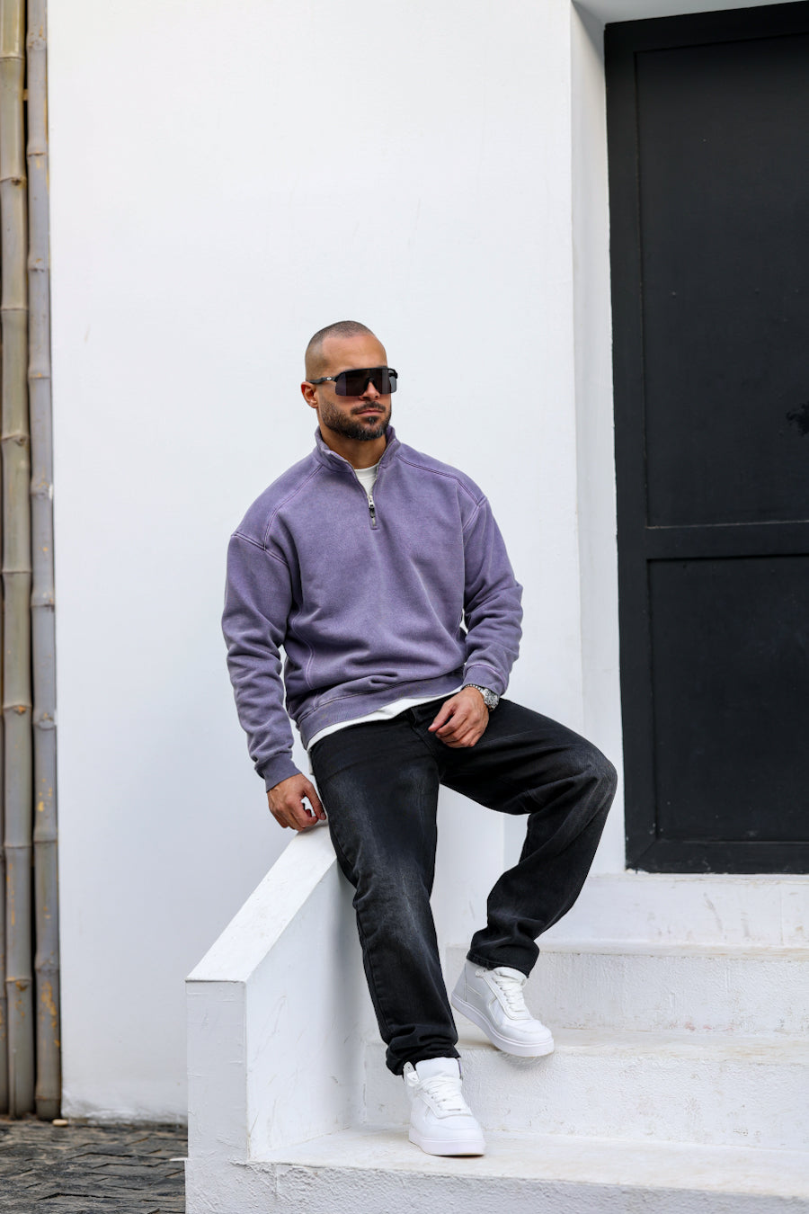 Basic Acid Washed Oversiz Sweatshirt With Half Zipper/4563