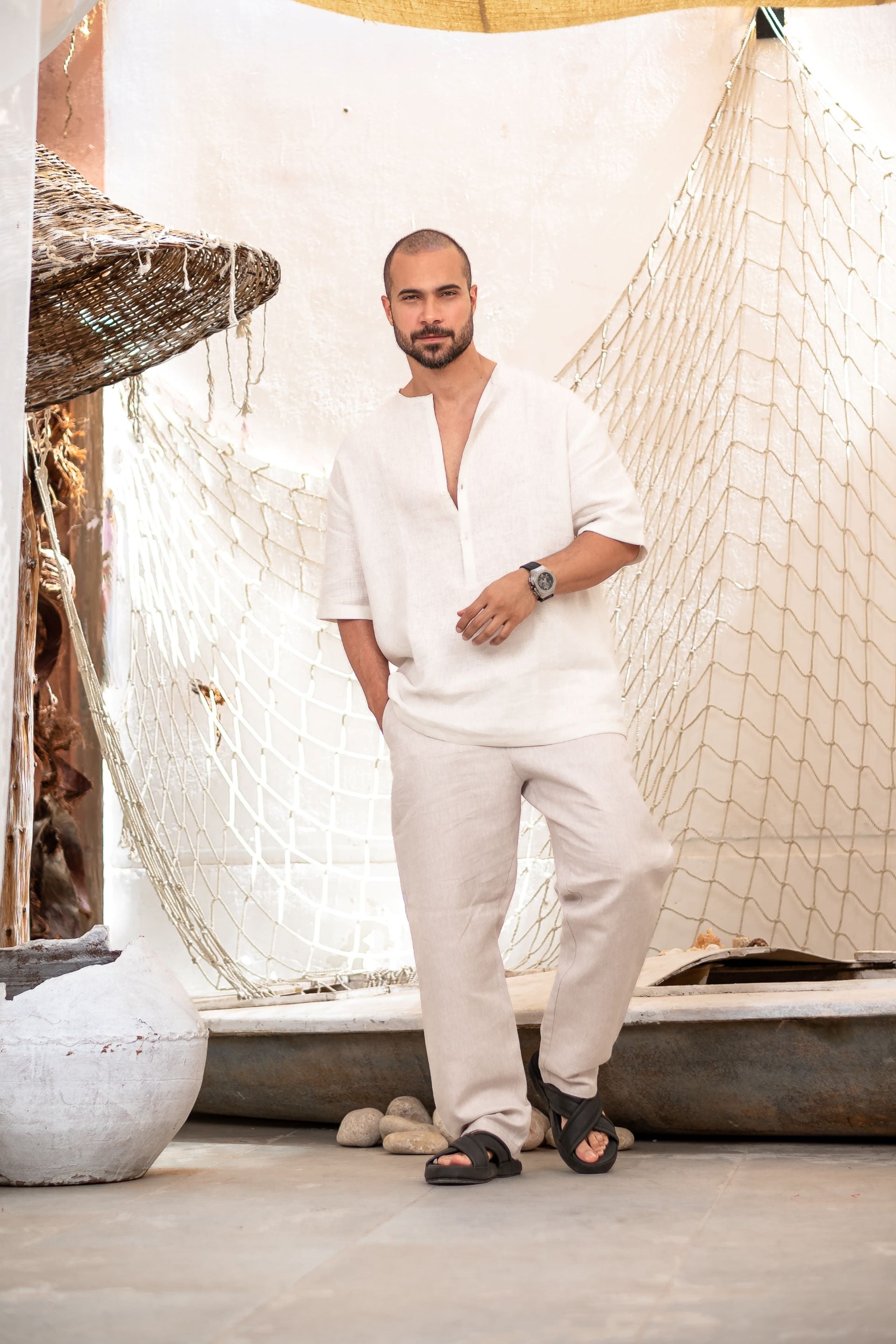 Oversize Basic Linen Shirt With V-neck/2007
