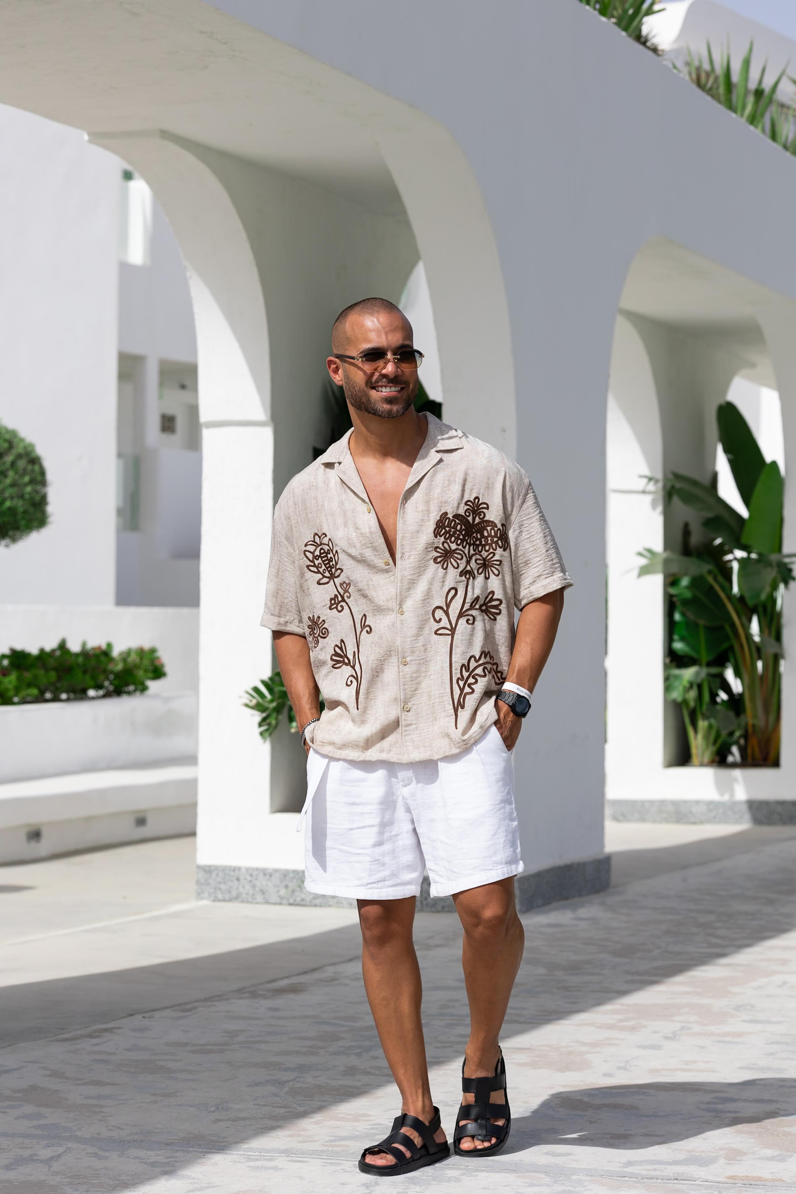 Oversized Shirt Short Sleeves With Embroidery Flowers/2327
