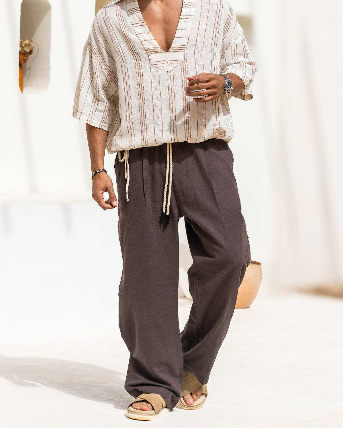 Linen Relaxed Fit Pants With Belt/3254