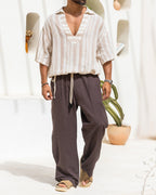 Linen Relaxed Fit Pants With Belt/3254