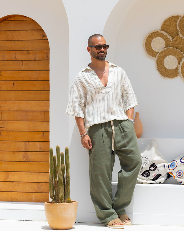 Stripped Relaxed Fit Linen Shirt/2349
