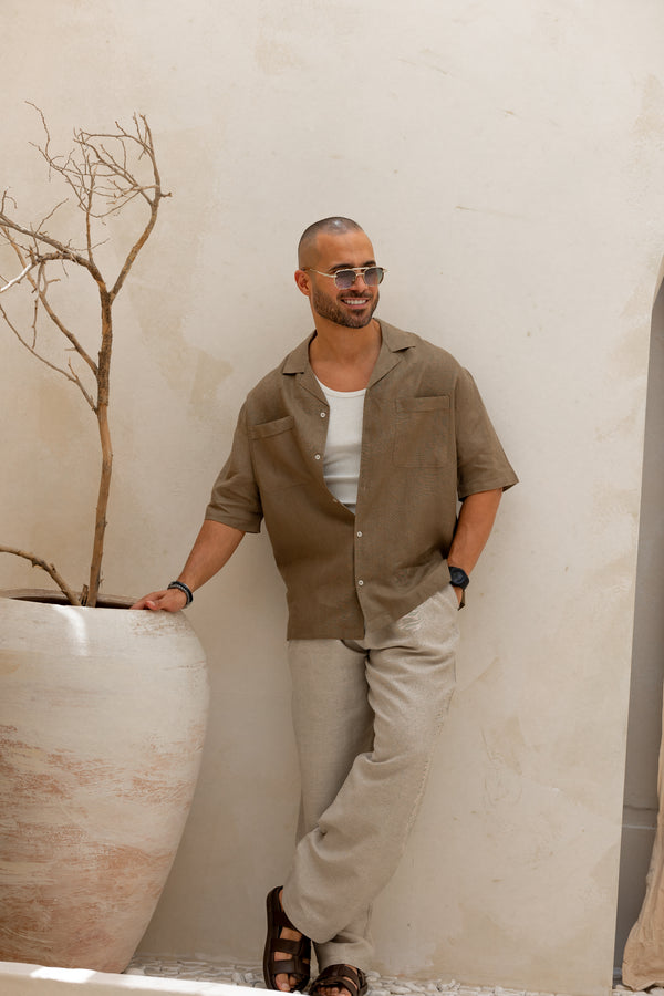 Basic Oversize Linen Shirt Short Sleeves With Two Pocket/2322