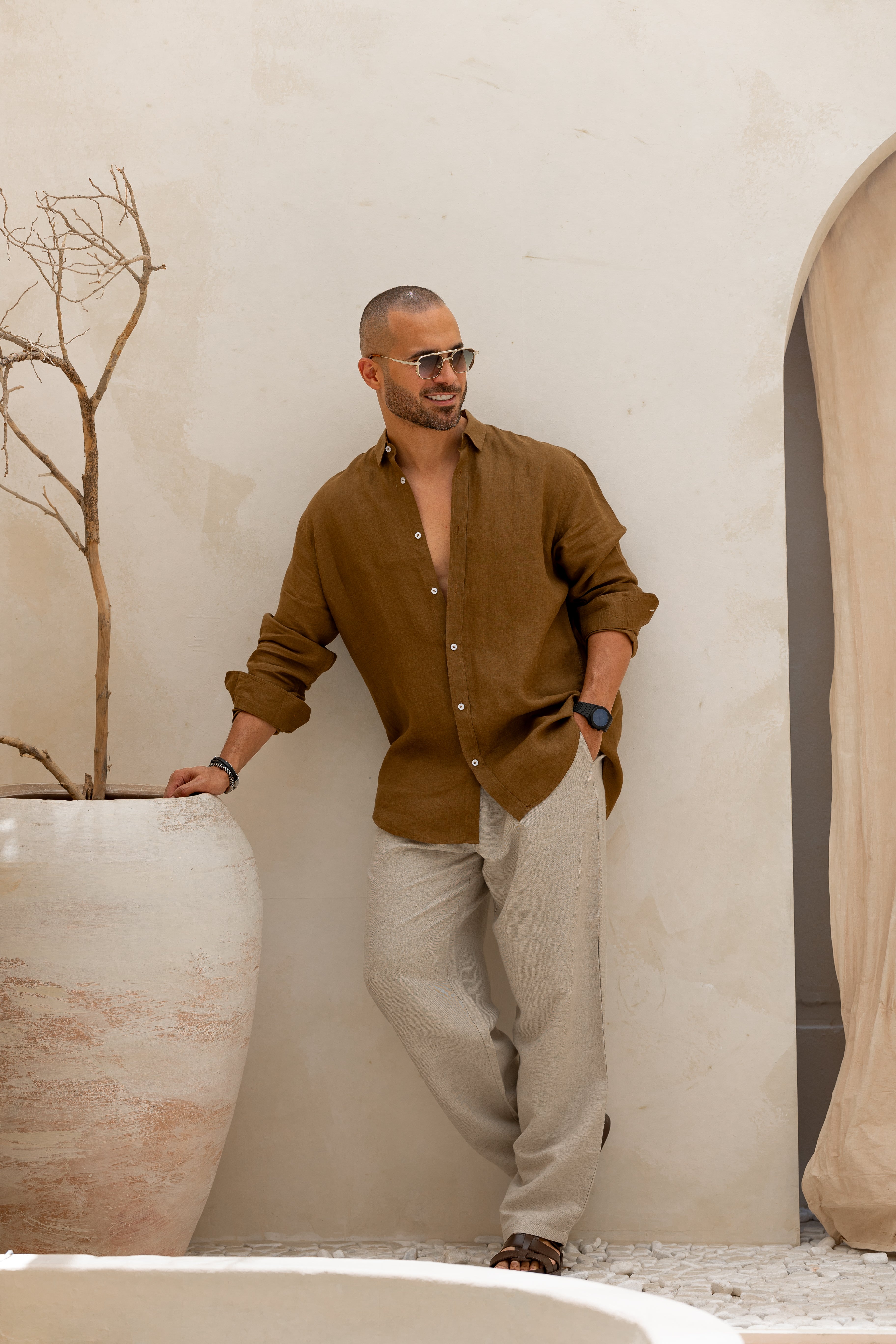 Relaxed Fit Basic Linen Shirt With Long Sleeves /2319