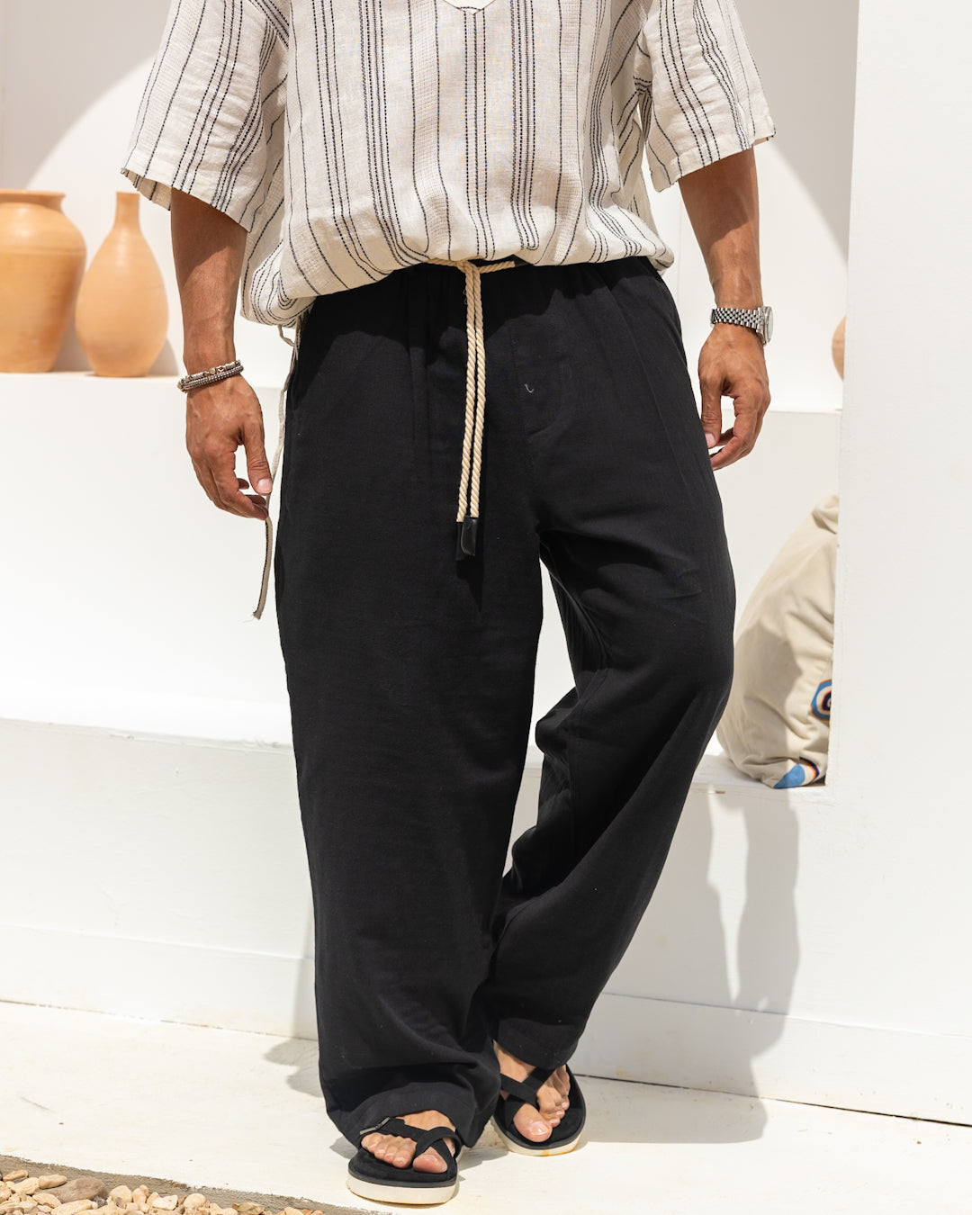 Linen Relaxed Fit Pants With Belt/3254