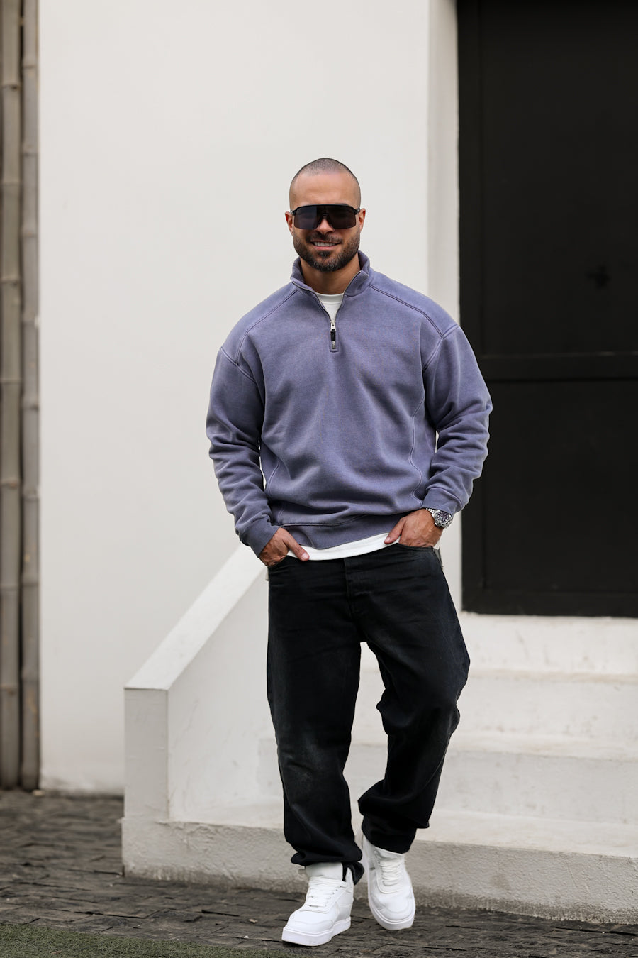 Basic Acid Washed Oversiz Sweatshirt With Half Zipper/4563