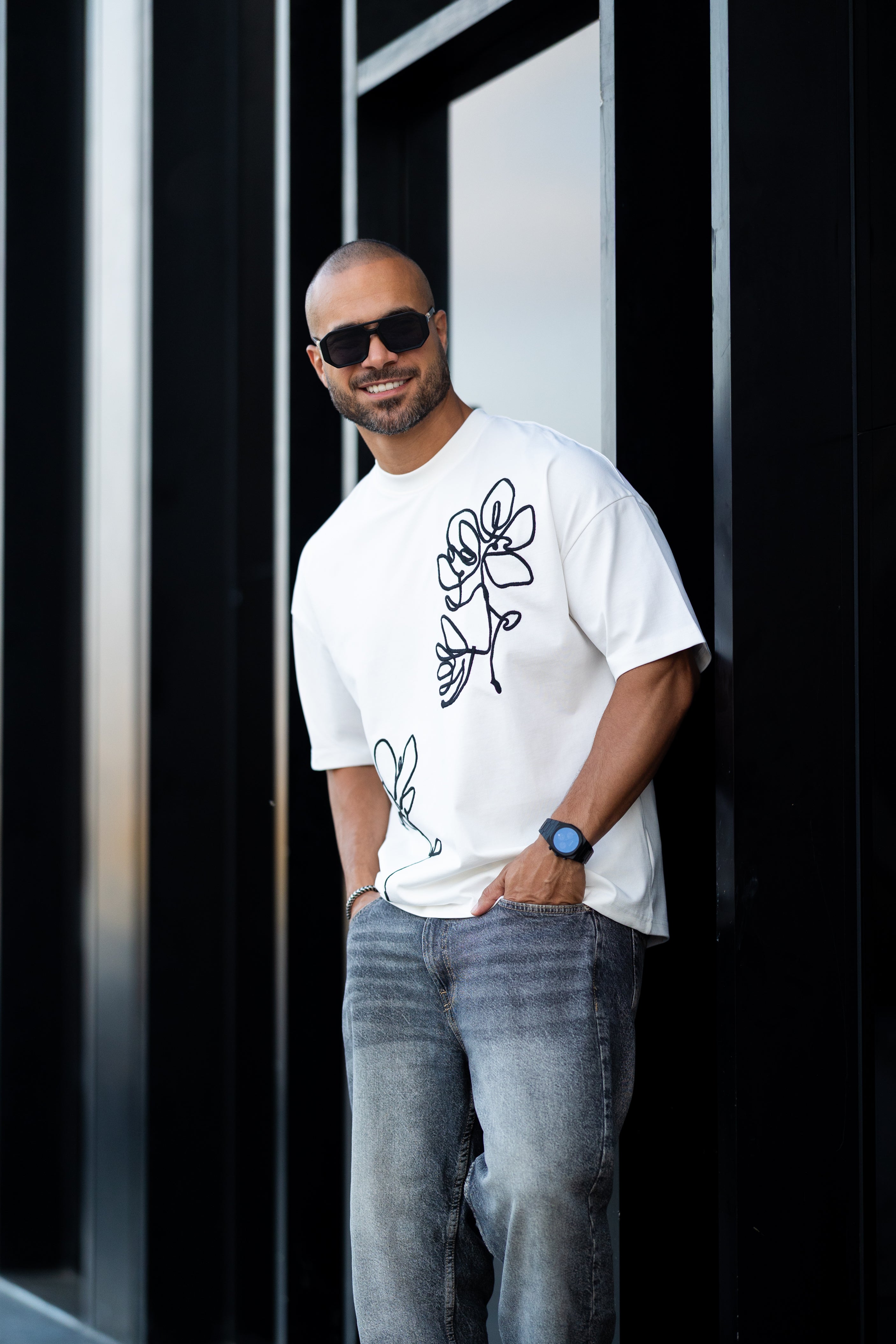 Basic Relaxed Fit T-shirt With Embroidery Flower/3336